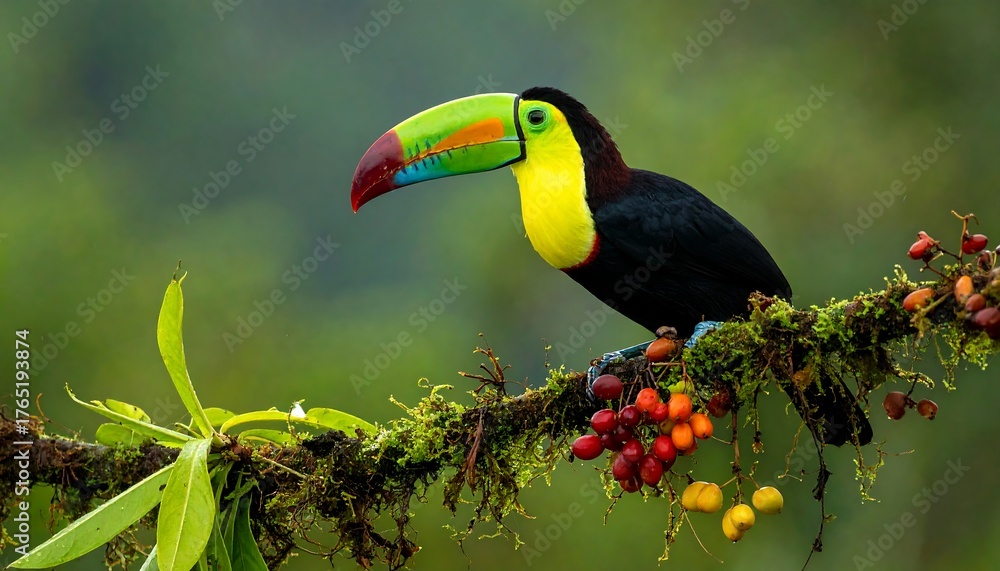 Fototapeta premium Vibrant Keel-billed Toucan Perched on Mossy Branch in Lush Rainforest.