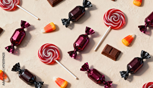 Assorted candies including lollipops, chocolate, and corn treats