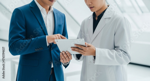 Business Professional and Doctor Discussing Tablet in Modern Medical Facility