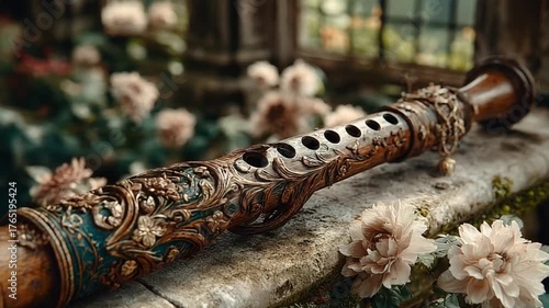 Ornate wooden flute resting among blooming flowers