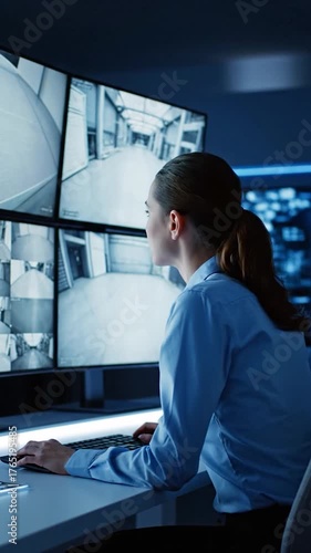 A woman is observing security camera footage on multiple screens, typing on a keyboard in a control room