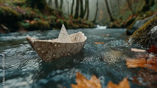 Paper boat drifting in a serene forest stream