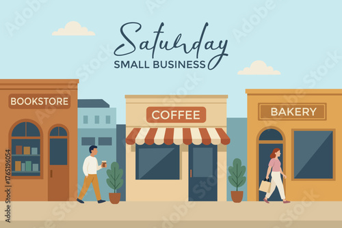 Small Business Saturday. Flat vector illustration with local shops including bookstore, coffee shop, and bakery. People walking and supporting local businesses in a friendly urban street scene