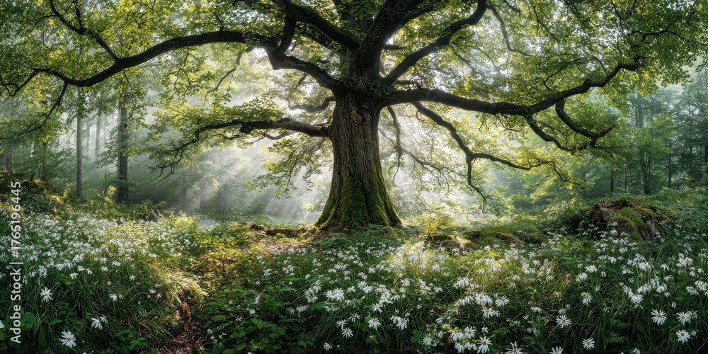 Fototapeta premium Sun-drenched forest clearing with majestic tree and wildflowers