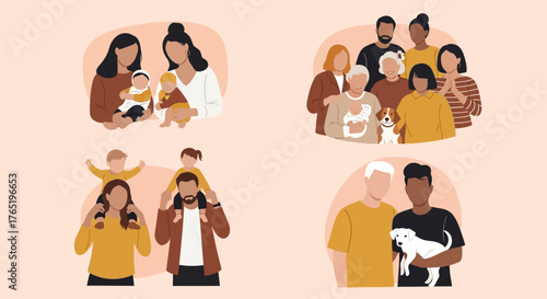 Diverse Modern Family Groups Vector Illustration Set | Inclusive Relationships