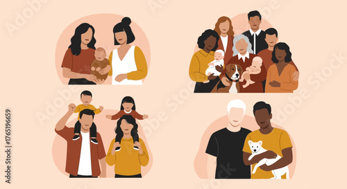 Diverse Modern Family Groups Vector Illustration Set | Inclusive Relationships