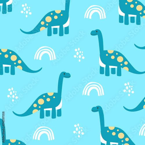 dinosaur brontosaurus vector cartoon seamless pattern design for kids apparel blue fullprint fabric