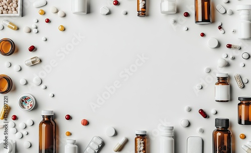Pills and bottles form border on white surface