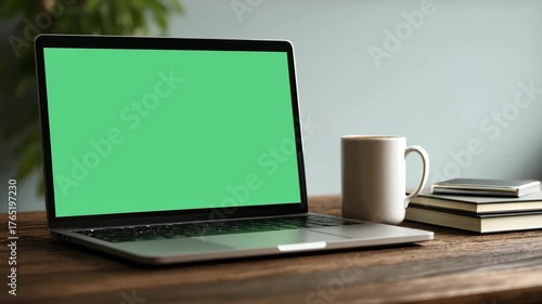 Modern Workspace with Laptop, Coffee Mug, and Stacked Notebooks on Rustic Wooden Desk