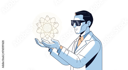 Innovative Scientist Visualizing Atomic Structure with Augmented Reality for Scientific Research and Educational Applications in Modern Technology.