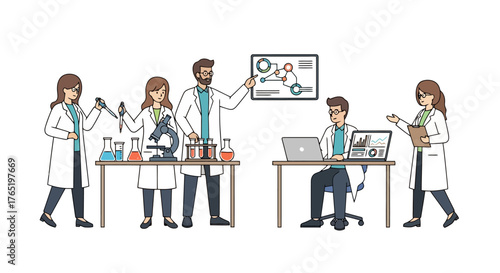 Collaborative Scientific Research Team Conducting Experiments and Analyzing Data in a Modern Laboratory Setting, Demonstrating Innovation and Teamwork for Scientific Advancements
