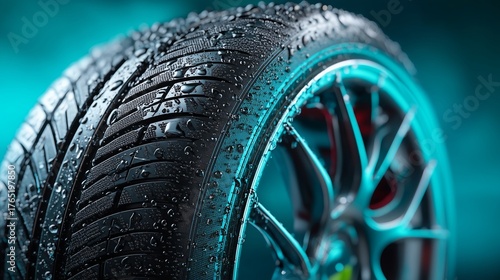 Closeup of Wet Car Tire and Wheel
