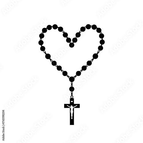 Rosary beads forming a heart shape with a crucifix at the bottom.
