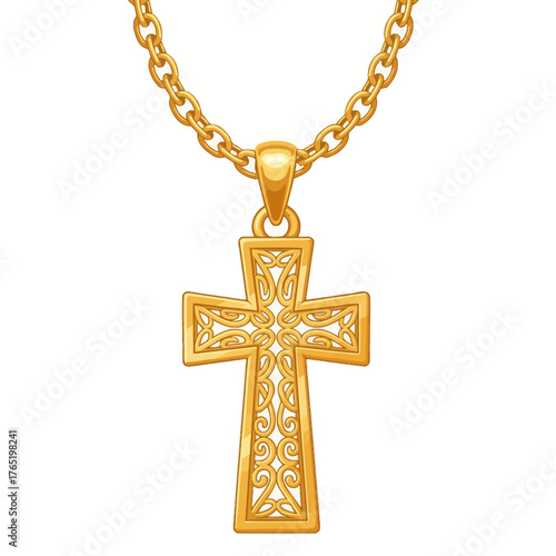 A golden cross pendant necklace with intricate filigree details, hanging from a matching chain.