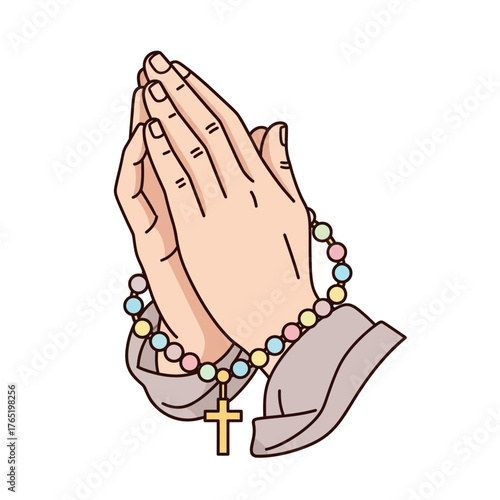 A close-up illustration of praying hands adorned with a colorful rosary and a golden cross.