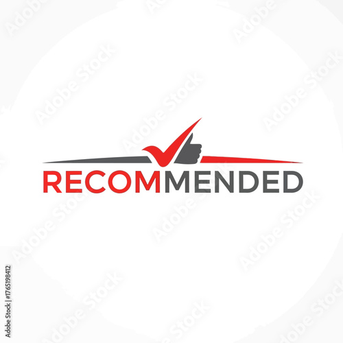 Modern logo with the word recommended in red and grey, featuring checkmark and thumbs up symbol