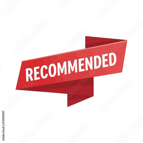 Red ribbon banner with the word recommended in text, , symbolizing approval and endorsement for products or services, perfect for marketing and advertising campaigns