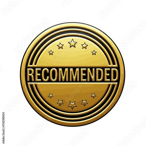Golden circular badge with the word recommended in the center, surrounded by stars and concentric circles