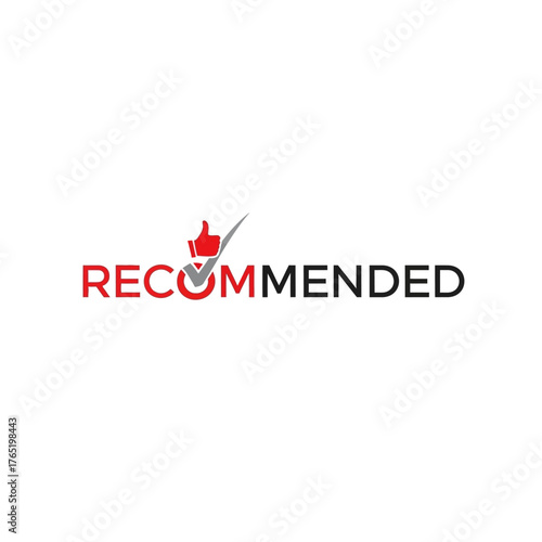 Recommended text with thumbs up icon and checkmark, isolated on, symbolizing approval and positive feedback