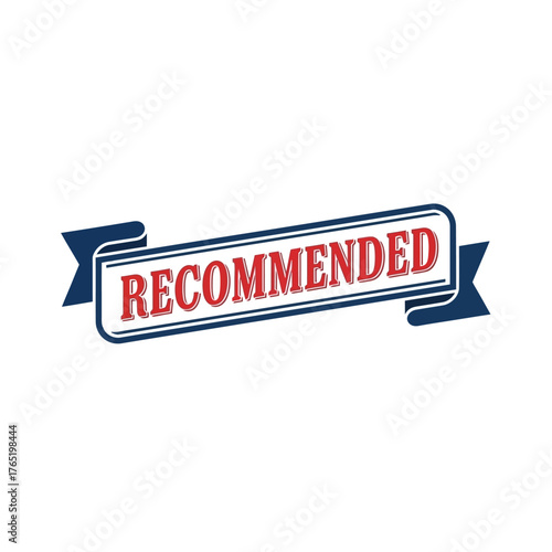 Rectangular banner with the word recommended in red text, bordered in blue and, with blue ribbon accents on the sides
