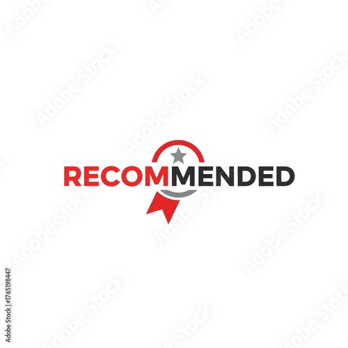 Recommended text with ribbon and star badge icon, isolated on, signifying excellence and top rating