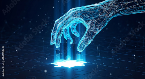 Digital Hand Interacting with Glowing Data on a Dark Blue Background.