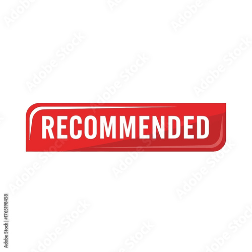 Glossy red rectangular button with rounded corners, displaying the word recommended in sansserif letters, isolated on
