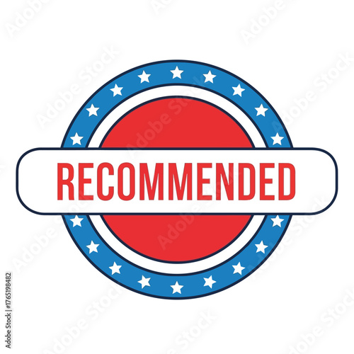 Circular emblem with red center and blue outer ring decorated with stars, featuring banner with the word recommended in red text, isolated on