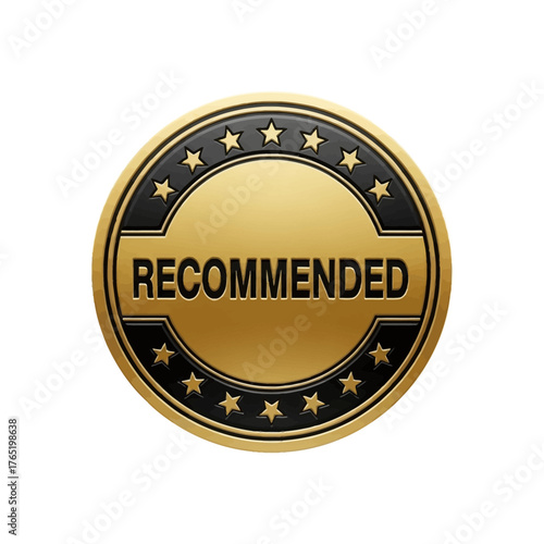 Gold and black circular badge with the word recommended in the center, surrounded by stars