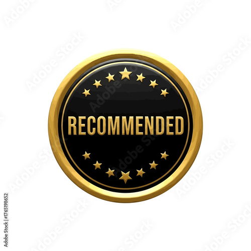 Black and gold circular badge with the word recommended in the center, surrounded by stars