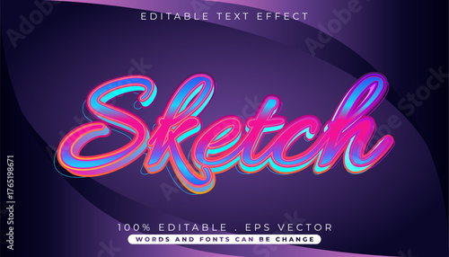 Vibrant 3D sketch script text effect with a colorful neon glow and gradient style on a dark background. Fully editable vector