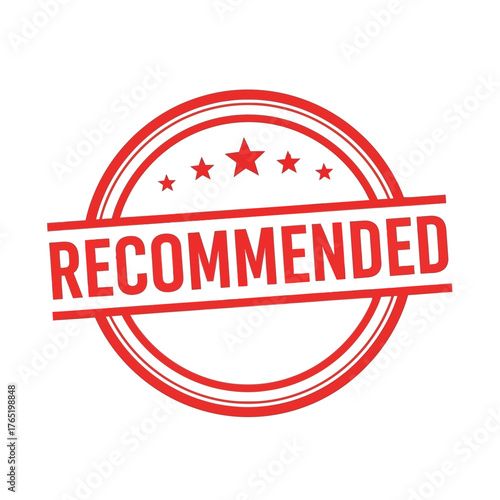 Red circular stamp with stars and the word recommended in text, , indicating highquality choice