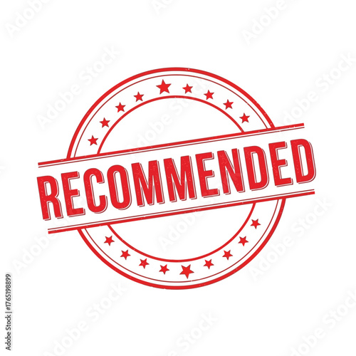 Red circular stamp with the word recommended in bold letters