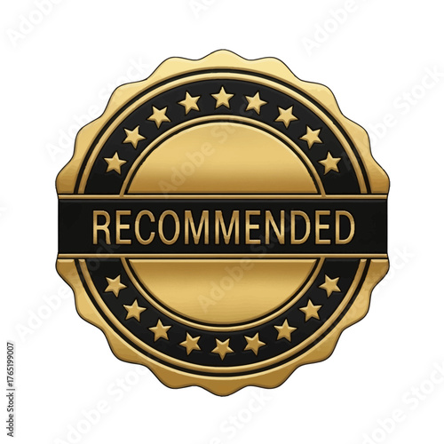 Golden and black circular badge with serrated edge, featuring the word recommended on banner