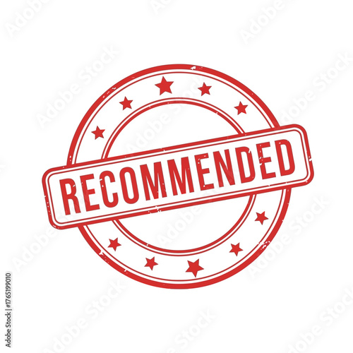 Red circular stamp with stars and the word recommended in rectangle