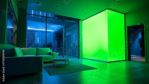 Modern Living Room with Green Ambient Lighting and Stylish Furniture in Contemporary Design
