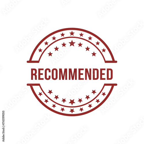 Circular red stamp with the word recommended in the center, surrounded by stars and decorative border