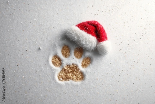  Top-down shot of a tiny Santa hat placed on an animal paw print outline on a pure white background