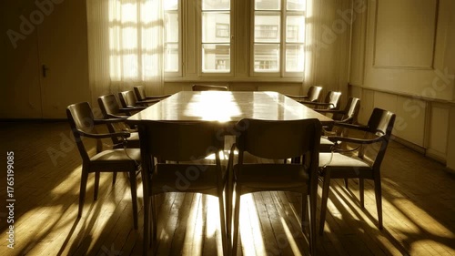 Elegant Boardroom with Wooden Table and Chairs Bathed in Soft Natural Light
