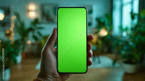 Hand holding smartphone with empty green screen in cozy indoor environment with plants