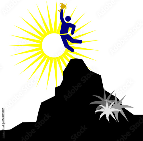 A man holding a trophy while jumping to express his success.