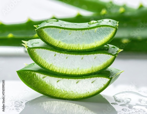 Wallpaper Mural Close-up of fresh aloe vera slices stacked with water droplets, highlighting natural skincare and health benefits. Torontodigital.ca