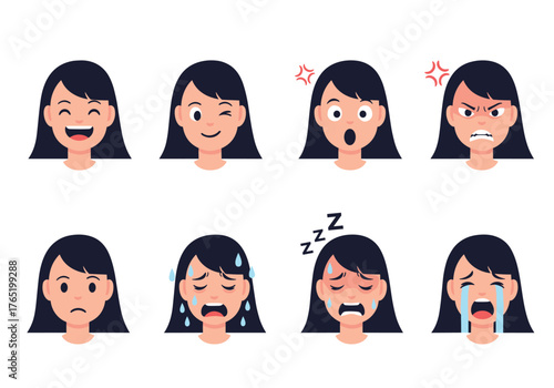 Diverse Facial Expressions of a Woman in Vector Illustration.