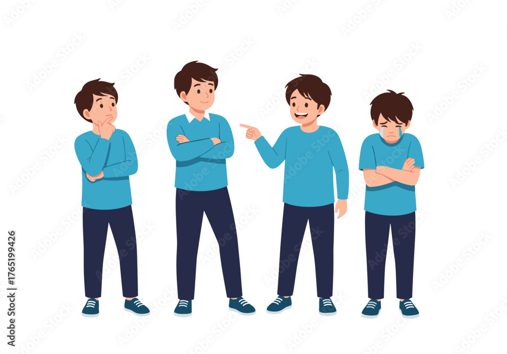 Fototapeta premium Four boys in blue shirts and dark pants with different expressions.