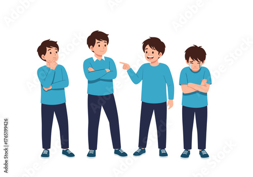 Four boys in blue shirts and dark pants with different expressions.