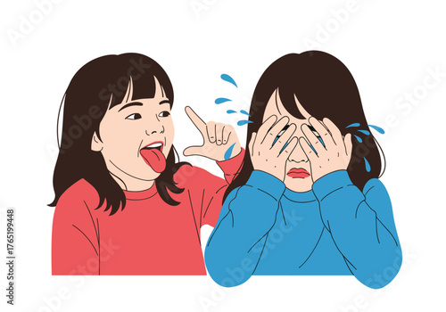 Two young girls express different emotions one taunting the other.