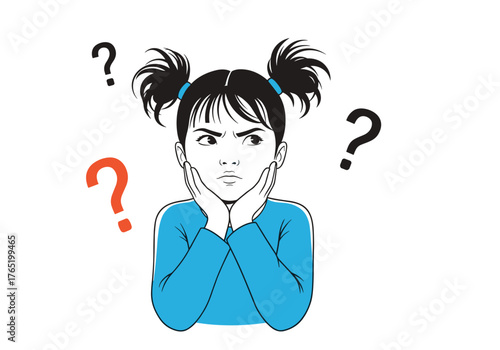 Young girl with pigtails looking confused with question marks around her head.