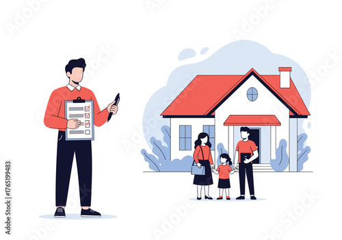 Real estate agent showing a property contract to a young family.