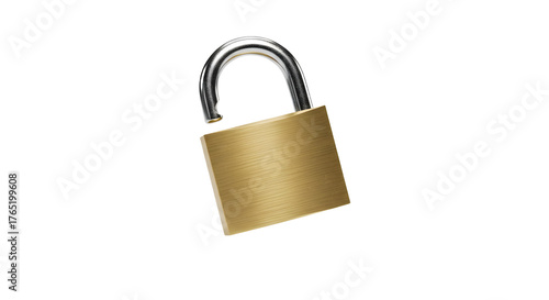 Unlocked brass padlock with a shiny silver shackle, isolated on a stark black background, representing security, access, and freedom.
