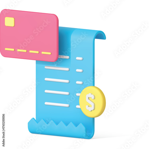 3D illustration of a pink credit card resting on a blue receipt with a yellow coin featuring a dollar sign on a transparent background symbolizing financial transactions and payments